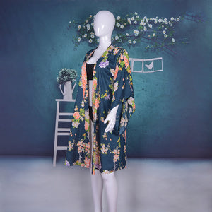 Long Printed Floral Dot Quarter Sleeve Kimono Beachwear Cover Up