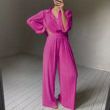 Load image into Gallery viewer, Women Elegant Mature New Design Pleated Satin Loose Shirt Pants Two Piece Set
