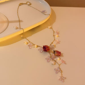 Flower Pearl Bracelet Tassel Earrings Necklace Sweet Fashion Elegant Jewelry Set 3-pcs Set