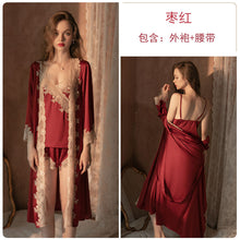 Load image into Gallery viewer, Satin Lace Tank Top Shorts Tie Robe Homewear Bathrobe Set
