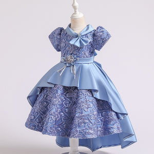 100-150cm 子供用 女の子 ジャカード トレーン ファンシードレス 蝶ネクタイカラー プリンセス 半袖 サテン パフィードレス