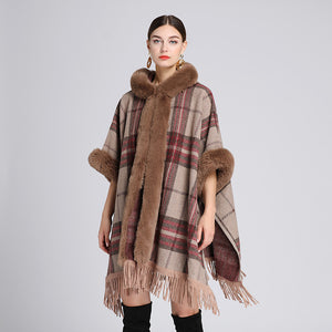 Autumn Winter Faux Fur Hooded Poncho Tweed Plus Size Cloak Coat