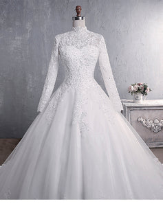 Lace Stand Collar Long Sleeve Big Train Plus Size Wedding Dress