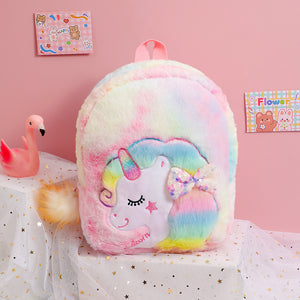 Unicorn Tie Dye Cartoon Plush Kids Bowknot Kindergarten Backpack Schoolbag