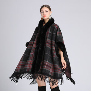 Autumn Winter Faux Fur Hooded Poncho Tweed Plus Size Cloak Coat