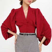 Load image into Gallery viewer, French Style V Neck Lantern Sleeve Slim Blouse Shirt
