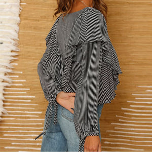 Stripe V neck ruffle blouse