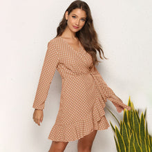 Load image into Gallery viewer, Sexy Elegant Deep V Neck Long Sleeve Wrap and Tie Polka Dot Print Mini Dress
