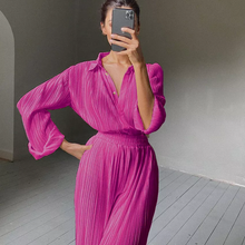 Load image into Gallery viewer, Women Elegant Mature New Design Pleated Satin Loose Shirt Pants Two Piece Set
