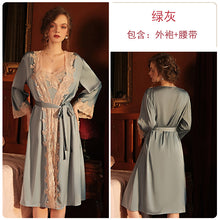 Load image into Gallery viewer, Satin Lace Tank Top Shorts Tie Robe Homewear Bathrobe Set
