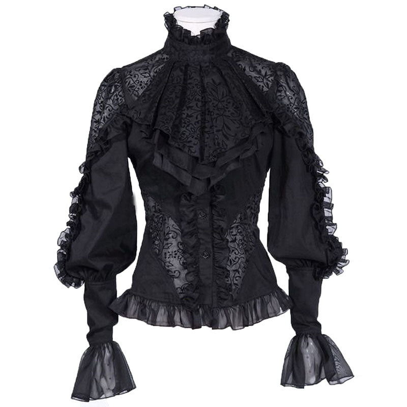 lantern long sleeve embroidered frilled stand collar lace ruffle blouse