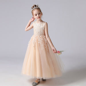 女の子用プリンセスドレス ロングウェディングフラワーガールドレス 3～12歳 ジュニアファンシードレス