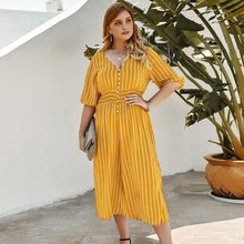 Load image into Gallery viewer, Women Stripe Plus Size Short Sleeve Smocking Jumpsuit
