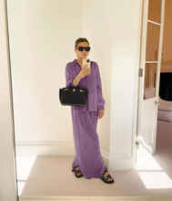 Load image into Gallery viewer, Women Elegant Mature New Design Pleated Satin Loose Shirt Pants Two Piece Set
