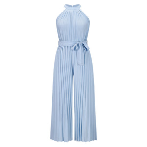 2022 Summer Sexy Halter Neck Sleevelesss Pleated Long Wide Leg Jumpsuit