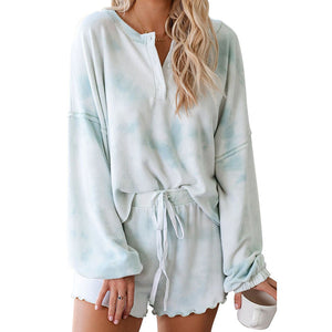 Women Tie Dye Sleepwear Two Piece Set with Sweatshirt and Shorts Homewear