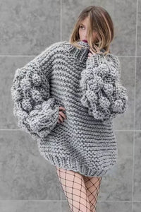 Hand Knitting Thick Heavy Gauge Ball Puff Sleeve Pullover Sweater