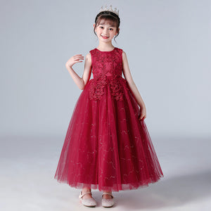 Kids Long Wedding Flower Girl Dress Tulle Puffy Princess Dress 3-15Y Girls Children's Day Performance Dress