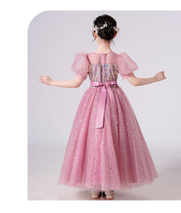 120-170cm Sequin Puff Sleeve Long Tulle Flower Girl Dress