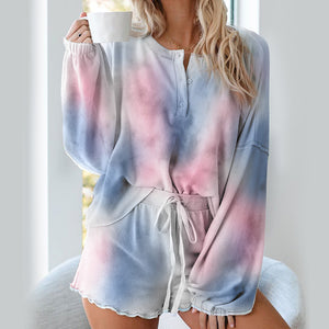 Women Tie Dye Sleepwear Two Piece Set with Sweatshirt and Shorts Homewear