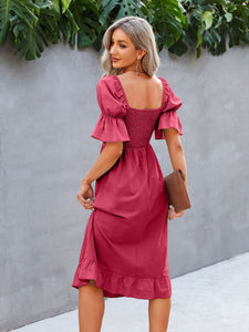 Fashion Smocking Lantern Sleeve Midi Casual Dress
