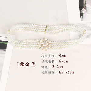 Vintage Elastic Pearl Chain Style Flower Buckle Corset Belts