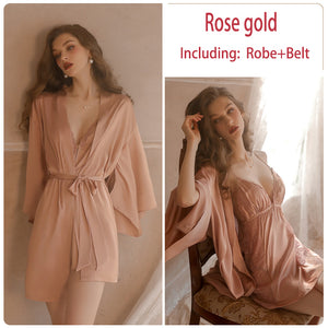 Lace Slip Nightdress Tie Robe Homewear Set