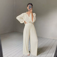 Load image into Gallery viewer, Women Elegant Mature New Design Pleated Satin Loose Shirt Pants Two Piece Set
