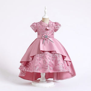 100-150cm 子供用 女の子 ジャカード トレーン ファンシードレス 蝶ネクタイカラー プリンセス 半袖 サテン パフィードレス