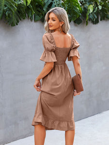 Fashion Smocking Lantern Sleeve Midi Casual Dress