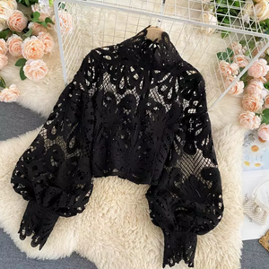 Ladies Elegant Lace Hollow Out Stand Collar Long Lantern Puff Sleeve Loose Sexy Blouse with Inner Tank Top