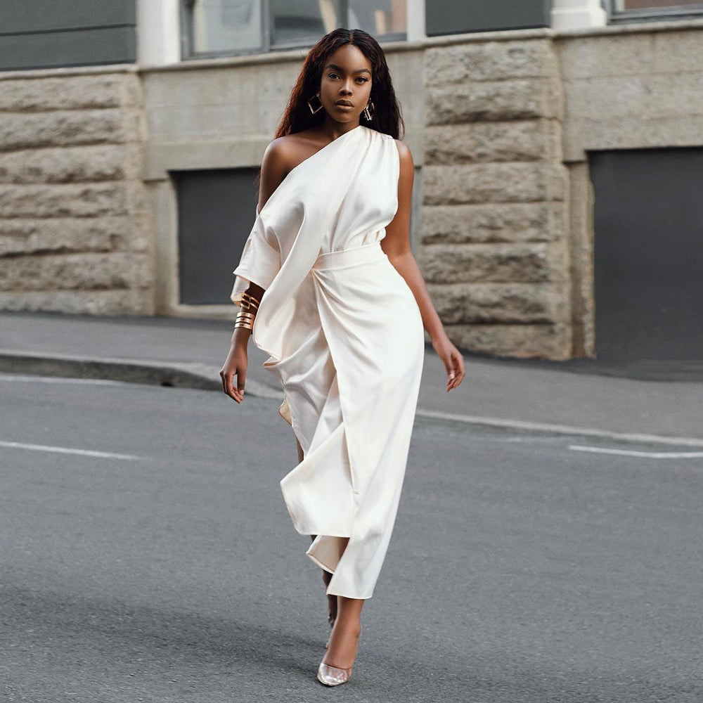Satin One Shoulder Asymmetrical Slit Evening Dress