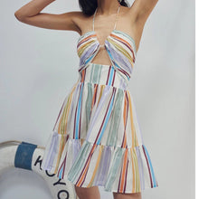 Load image into Gallery viewer, Colorful Striped Halter Neck Tie Backless Mini Casual Dress
