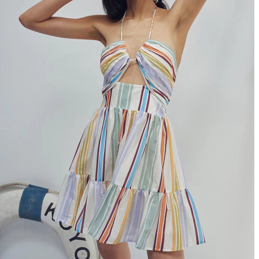Colorful Striped Halter Neck Tie Backless Mini Casual Dress