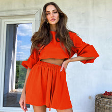 Load image into Gallery viewer, Cotton Lantern Sleeve Ruched Shirt Shorts Two Piece Set
