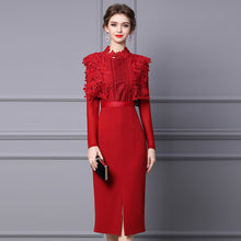 Load image into Gallery viewer, 2022 New Design Long Sleeve Red Christmas Autumn Water Soluble Lace Midi Formal Dress
