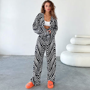 Oversized Black White Stripe Shirt Pants Two Piece Set Casual Homewear Set