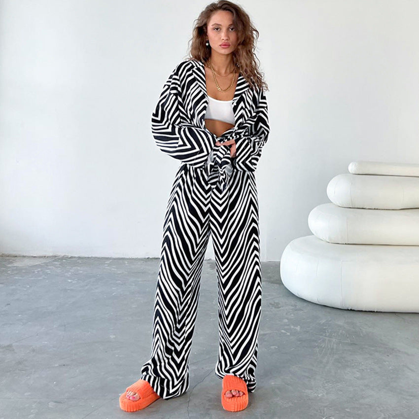 Oversized Black White Stripe Shirt Pants Two Piece Set Casual Homewear Set