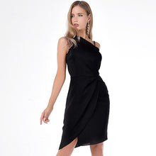 Laden Sie das Bild in den Galerie-Viewer, Manufacturer In-stock Womens Sexy Trendy One Shoulder Spaghetti Overlay Wrap Pleated Sheath Dress
