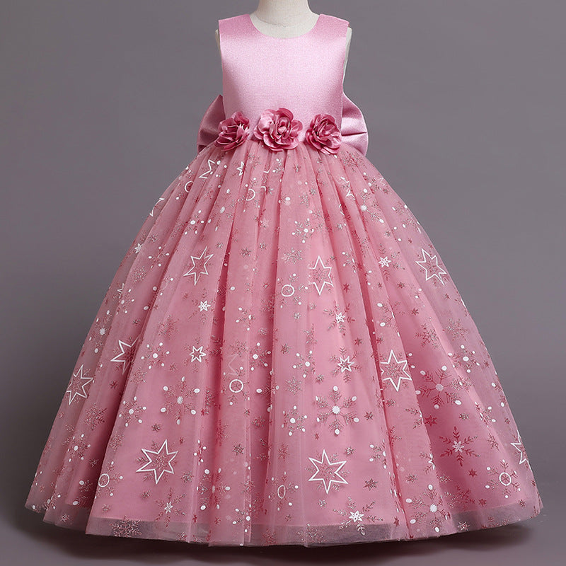 110-160cm 女の子用イブニングドレス プリントチュール パフィー プリンセス パフォーマンスドレス