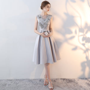 Grey Slim Short Flare Lace Applique Embroidered Gathering Banquet Evening Dress