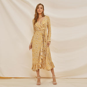 Long Sleeve Ruffle Wrap Tie Midi Dress