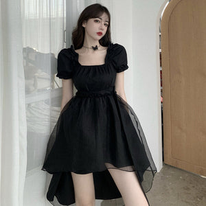 Black Organza Square Neck Puff Sleeve High Low Hem Casual Dress