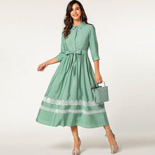 Laden Sie das Bild in den Galerie-Viewer, Green elegant elbow sleeve lace belted long button shirt dress
