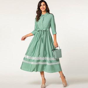 Green elegant elbow sleeve lace belted long button shirt dress