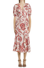 Load image into Gallery viewer, Short Puff Sleeve Ruched Floral DVF Ruffle Draped Midi Mermaid Casual Dress
