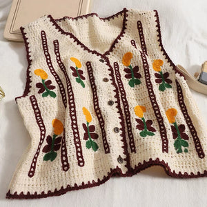 ノースリーブ クロシェ コントラスト 刺繍 中空ニット ベスト カーディガン