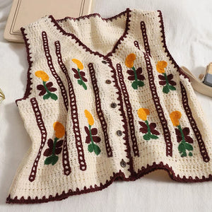Sleeveless Crochet Contrast Embroidered Hollow Out Knit Vest Cardigan