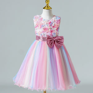 110-150cm Gilrs Sleeveless 3D Flower Puffy Dance Performance Dress