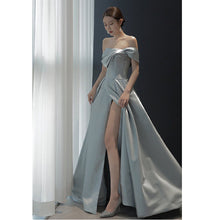Load image into Gallery viewer, 2022 New Design French Style Off Shoulder Asymmetrical Satin Celebrity Banquet Evening Dress
